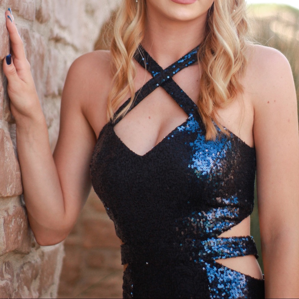 Navy blue sequin prom dress
